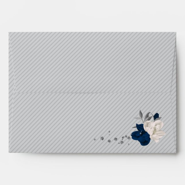 navy blue & white flowers grey wedding envelope (Back (Top Flap))