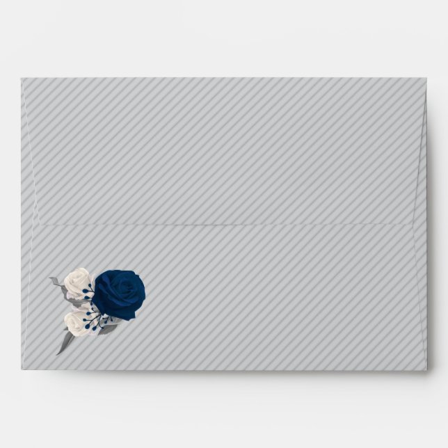 navy blue & white flowers grey wedding envelope (Back (Top Flap))