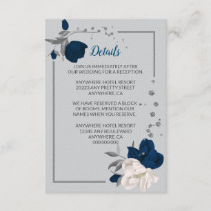 navy blue & white flowers silver leaves details enclosure card