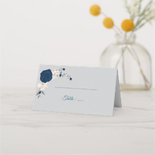 navy blue & white flowers silver leaves grey place card