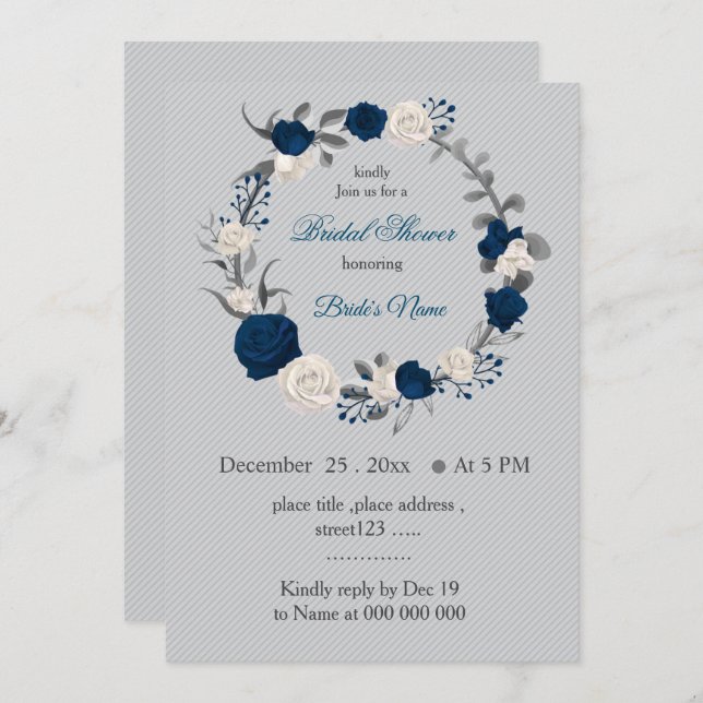 navy blue & white flowers wreath bridal shower invitation (Front/Back)