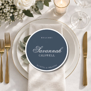 Navy Blue White Formal Round Wedding Guest Place Programme