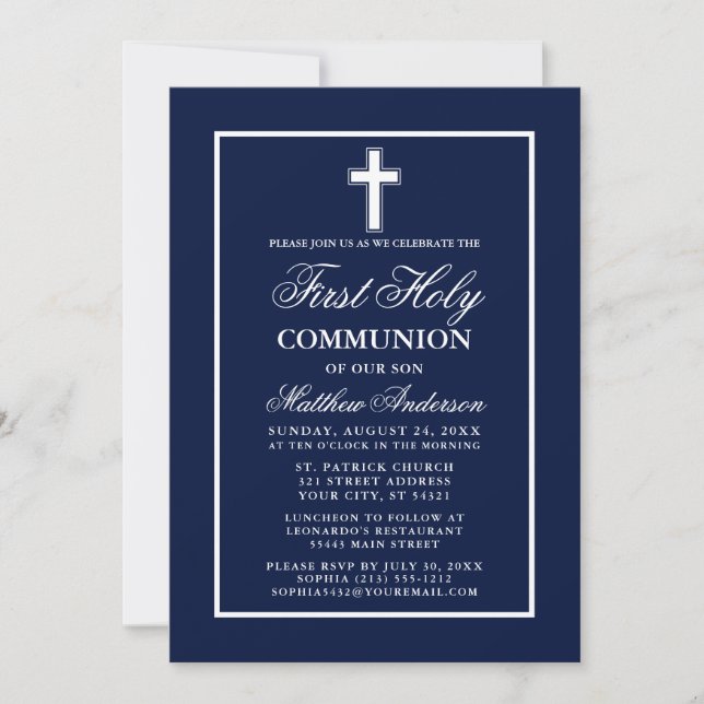 Navy Blue White Frame First Holy Communion Invitation (Front)