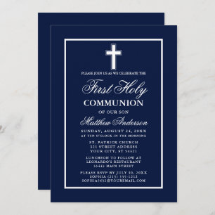 Navy Blue White Frame First Holy Communion Invitation