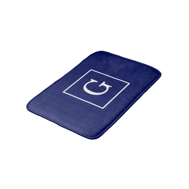 Navy Blue White Framed Initial Monogram Bath Mat (Angled)