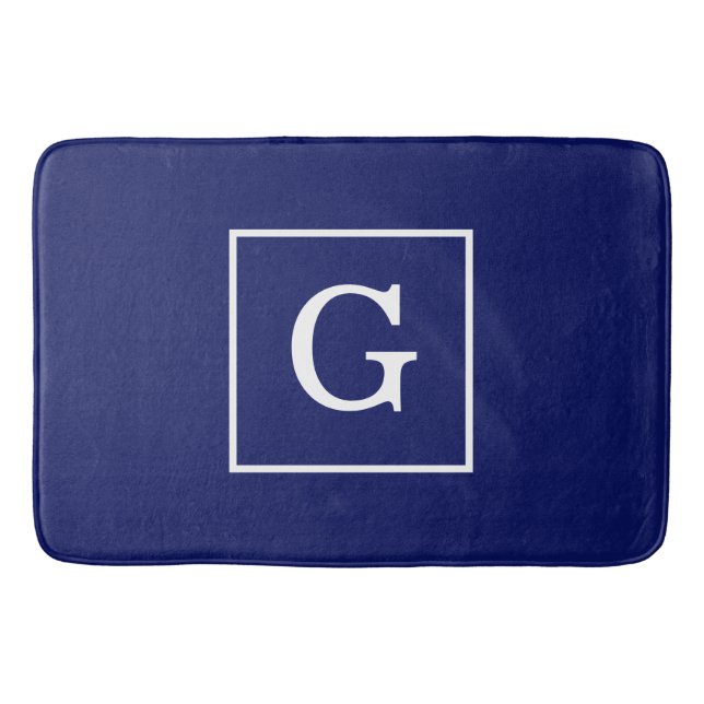 Navy Blue White Framed Initial Monogram Bath Mat (Front)