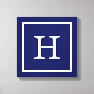Navy Blue White Framed Initial Monogram Canvas Print