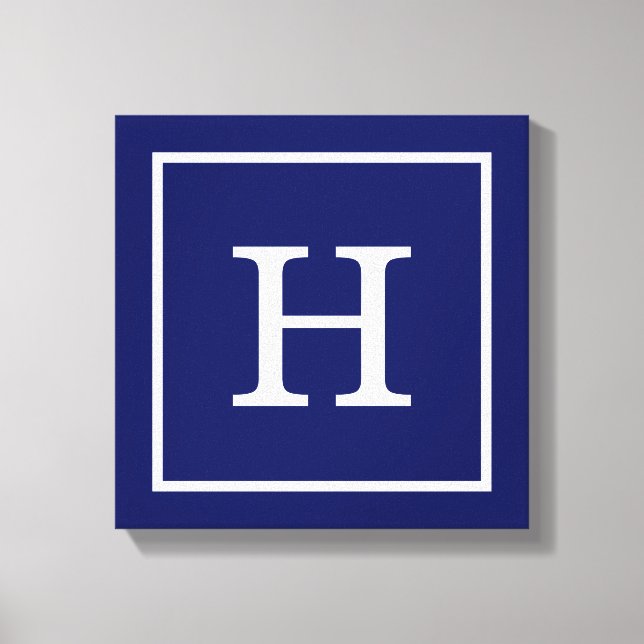 Navy Blue White Framed Initial Monogram Canvas Print (Front)