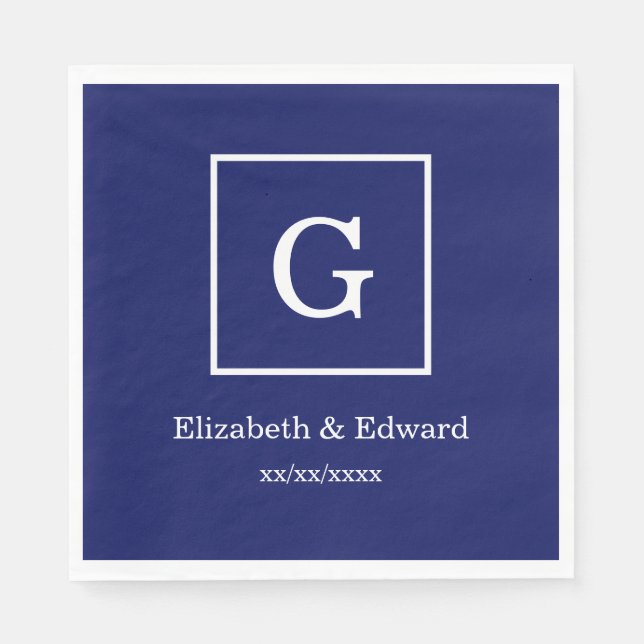 Navy Blue White Framed Initial Monogram Napkin (Front)