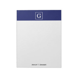 Navy Blue White Framed Initial Monogram Notepad
