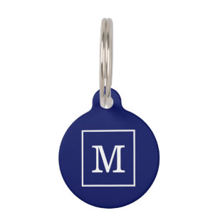 Navy Blue White Framed Initial Monogram Pet Tag