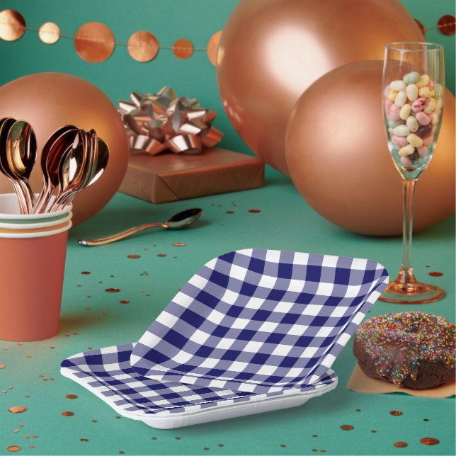 Navy Blue White Gingham Pattern Paper Plate (Multi)