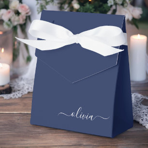 Navy Blue White Girly Script Monogram Name Modern Favour Box