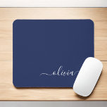 Navy Blue White Girly Script Monogram Name Modern Mouse Pad<br><div class="desc">White and Navy Blue Monogram Add Your Own Name Mousepad (Mouse Pad). This makes the perfect sweet 16 birthday,  wedding,  bridal shower,  anniversary,  baby shower or bachelorette party gift for someone that loves glam luxury and chic styles.</div>