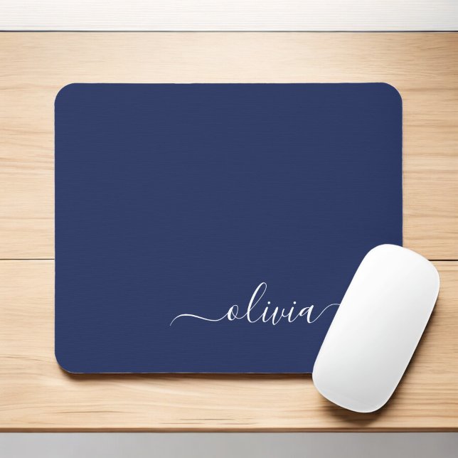Navy Blue White Girly Script Monogram Name Modern Mouse Pad (Creator Uploaded)