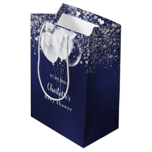 Navy blue white glitter balloons boy Baby Shower Medium Gift Bag