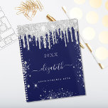Navy blue white glitter drips monogram script 2024 planner<br><div class="desc">A navy blue background decorated with white stars and faux silver glitter drips and dust. Personalize and add your name. The name is written with a modern hand lettered style script with swashes. To keep the swashes only delete the sample name, leave the spaces or emoji's in front and after...</div>