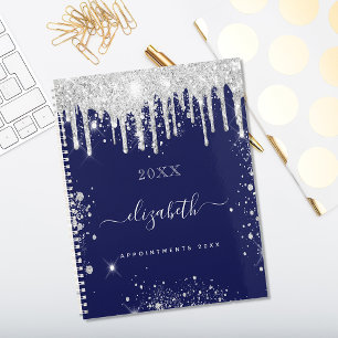 Navy blue white glitter drips monogram script planner
