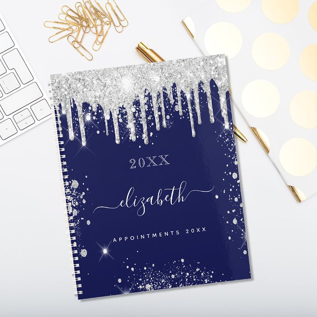 Navy blue white glitter drips monogram script planner (Creator Uploaded)