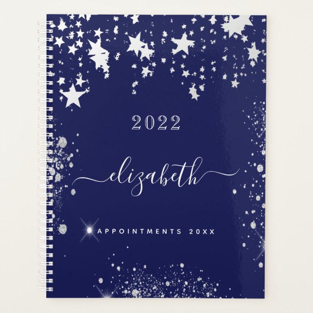 Navy blue white glitter dust monogram script 2023 planner (Front)