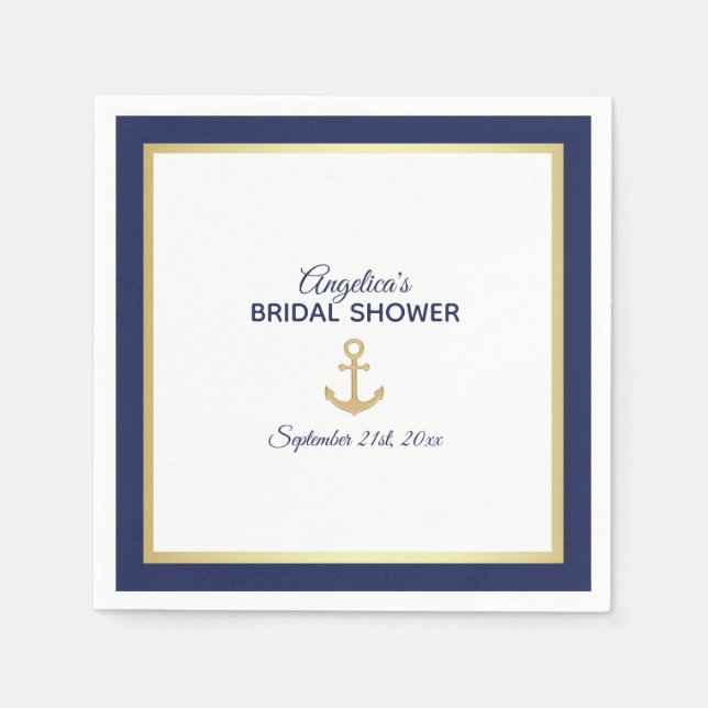Navy Blue White Gold Anchor Nautical Bridal Shower Napkin (Front)