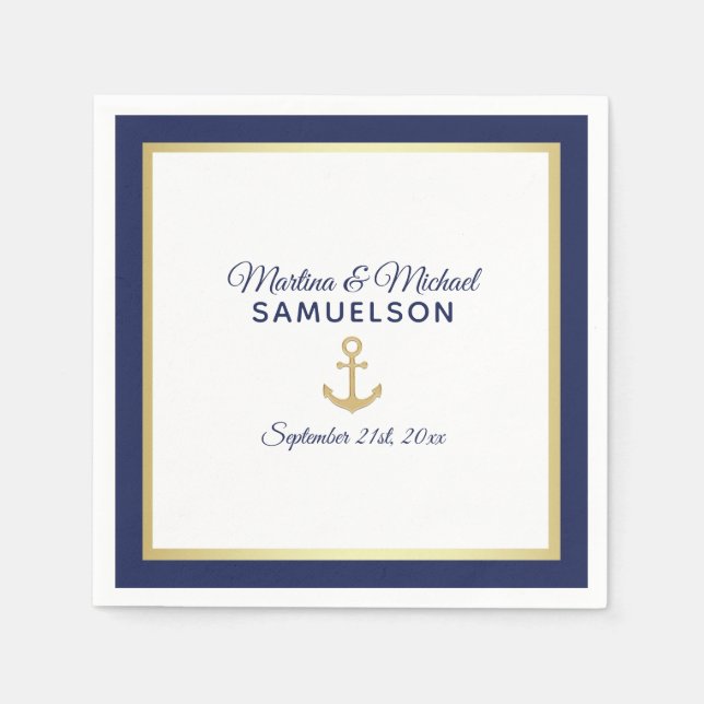 Navy Blue White Gold Anchor Nautical Wedding Napkin (Front)