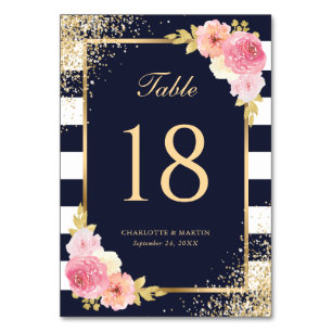 Navy Blue White Gold Blush Pink Floral Table Number