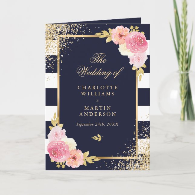 Navy Blue White Gold Blush Pink Floral Wedding Programme (Front)