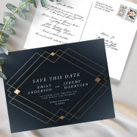 Navy Blue & White Gold Deco Lines Save The Date