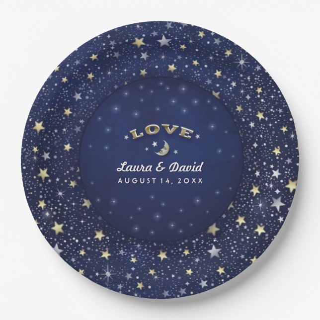 Navy Blue White & Gold LOVE Moon & Stars Wedding Paper Plate (Front)