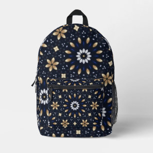 Navy Blue, White & Gold Mandala Dot Art Design Printed Backpack