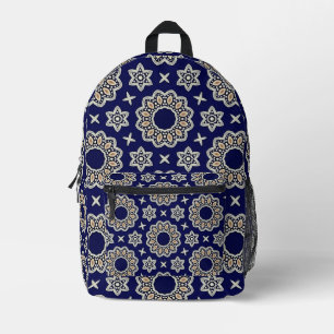 Navy Blue, White & Gold Mandala Dot Art Design Printed Backpack
