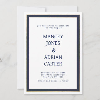 Navy blue white gold minimalist wedding invitation
