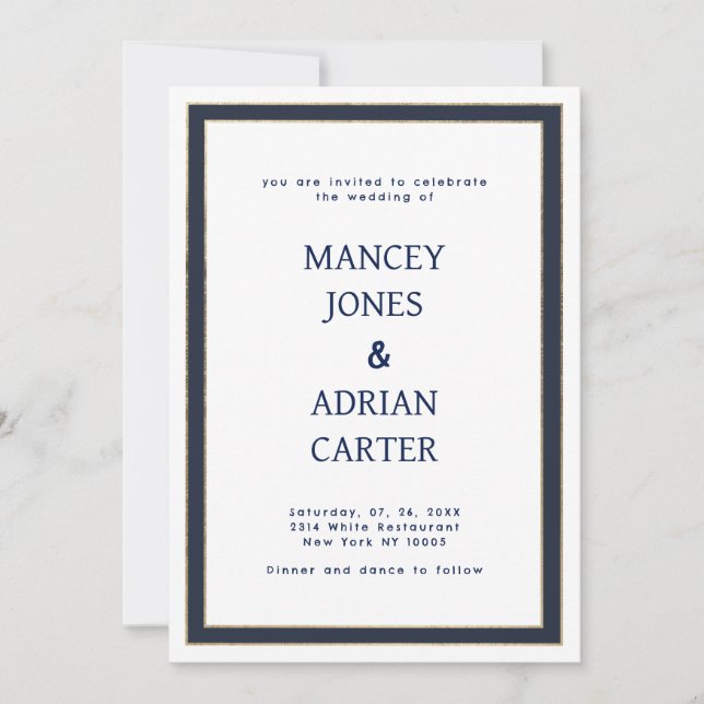 Navy blue white gold minimalist wedding invitation (Front)