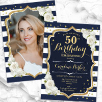 Navy Blue White Gold Photo 50th Birthday