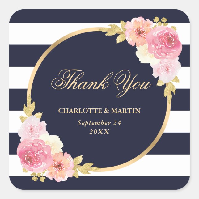 Navy Blue White Gold Pink Floral Wedding Thank You Square Sticker (Front)