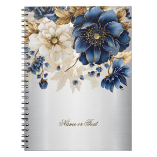 Navy Blue White Golden Flowers Silver Notebook