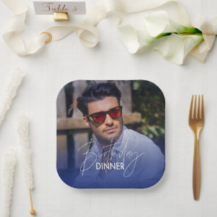 Navy Blue White Gradient Photo Birthday Dinner Paper Plate