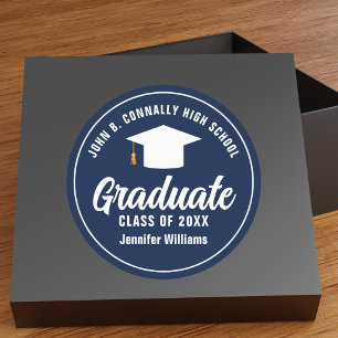 Navy Blue White Graduate Custom Graduation Party Classic Round Sticker