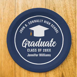 Navy Blue White Graduate Custom Graduation Party Paper Plate