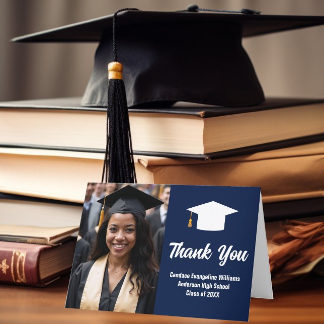 Navy Blue White Graduate Photo Graduation Folded Thank You Card (Creator Uploaded)