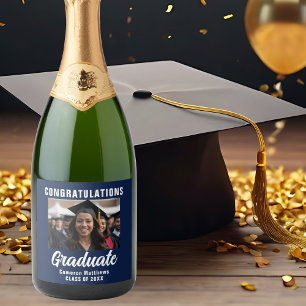 Navy Blue White Graduate Photo Graduation Party Sparkling Wine Label