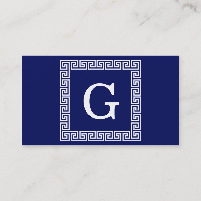 Navy Blue White Greek Key #1 Framed Monogram Business Card (Front)