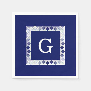 Navy Blue White Greek Key #1 Framed Monogram Napkin