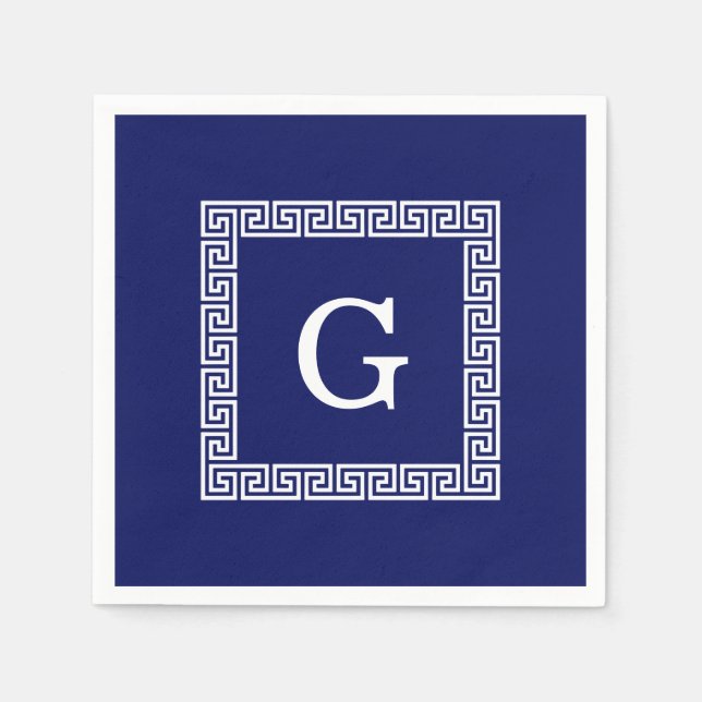 Navy Blue White Greek Key #1 Framed Monogram Napkin (Front)