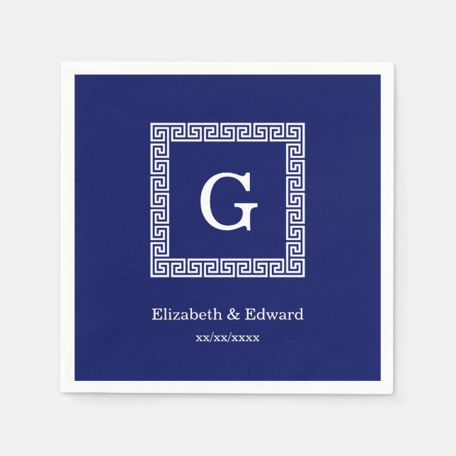 Navy Blue White Greek Key #1 Framed Monogram Napkin (Front)