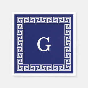 Navy Blue White Greek Key #1 Framed Monogram Napkin