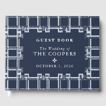 Navy Blue White Greek Key Family Name Wedding