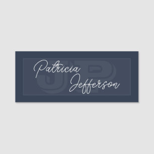 Navy Blue White Handwritten Monogram Style Name Tag