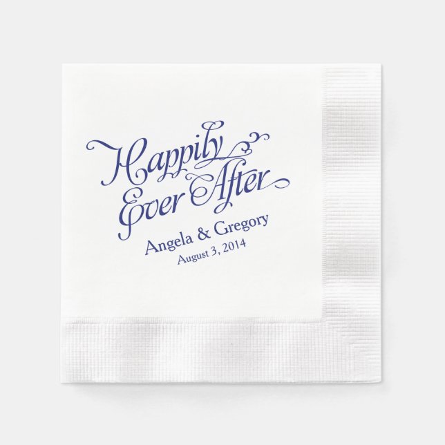 Navy Blue White Happily Ever After Wedding Napkin (Front)